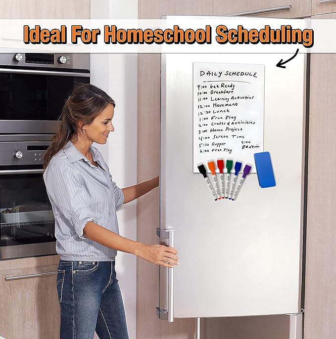 Magnetic Fridge Whiteboard Sheet for Kitchen Refrigerator - Dry Erase Magnetic White Board Organizer & Planner 11"x17" Strong Magnet Includes 6 Markers and Big Eraser