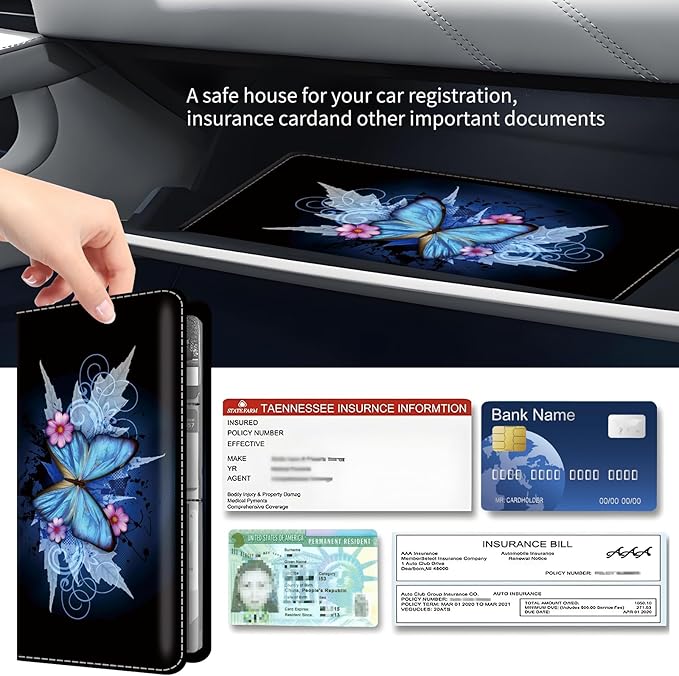 Premium Car Registration and Insurance Card Holder, Cute PU Leather Car Document Holder, Vehicle Glove Box Car Organizer with Magnetic Closure for Driver License, Cards Retro Blue Butterfly