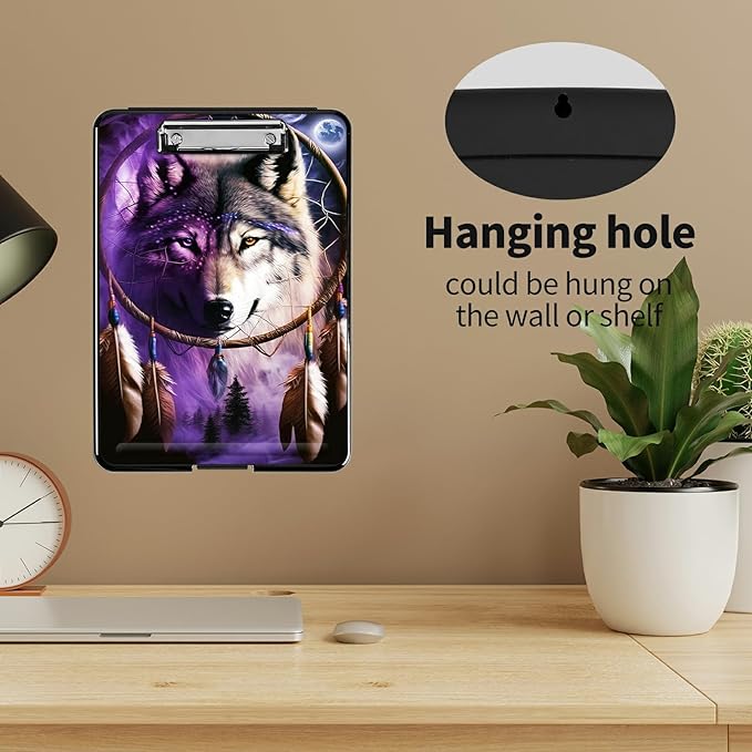A4 Clipboards,Heavy Duty Waterproof Nursing Plastic Folder Clipboard with Storage Clip Boards,File Folder Storage Box Clipboard Case for Teacher,Doctor,Offices,Dream Catcher Wolfs