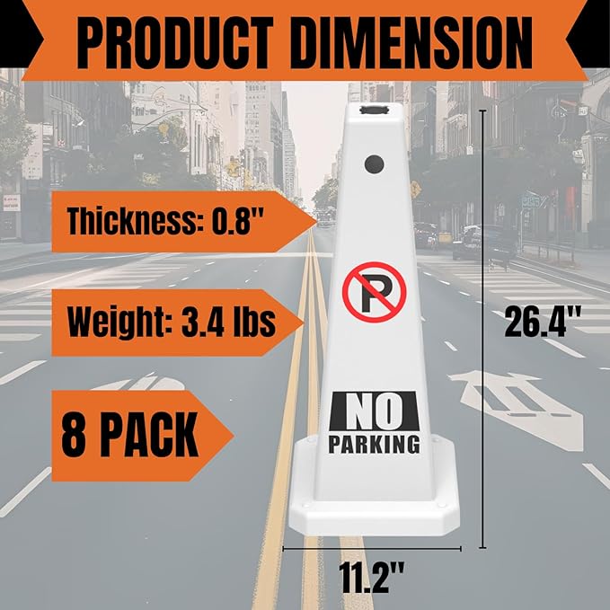 No Parking Sign, 26.4-Inch Traffic Safety Cone, White Plastic, High-Visibility, Weatherproof, Slip-Resistant Base, Stackable, Indoor Outdoor Use-4Pack