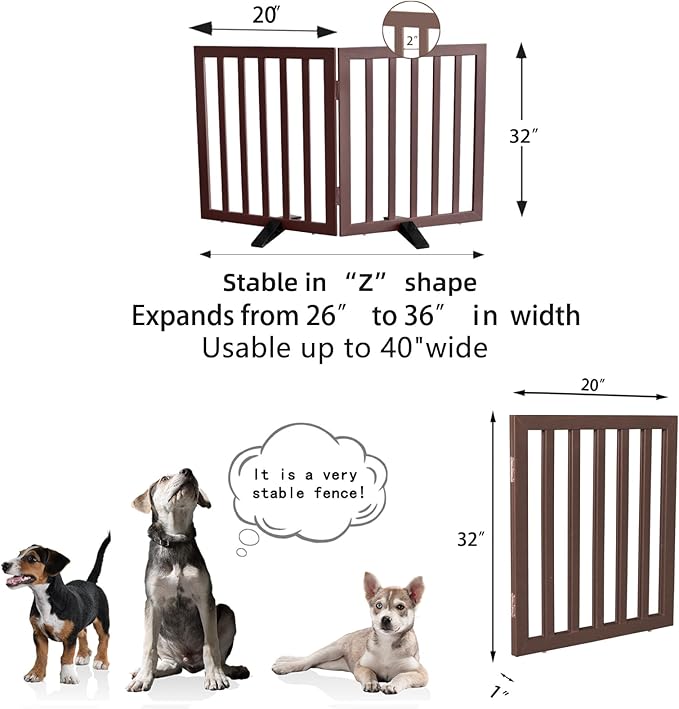 ZJSF Freestanding Indoor Dog Gate for House Foldable Wood Puppy Gate for Doorways Pet Gate for Stairs Extra Wide Pet Fence, Brown, 32" Height 2 Panels
