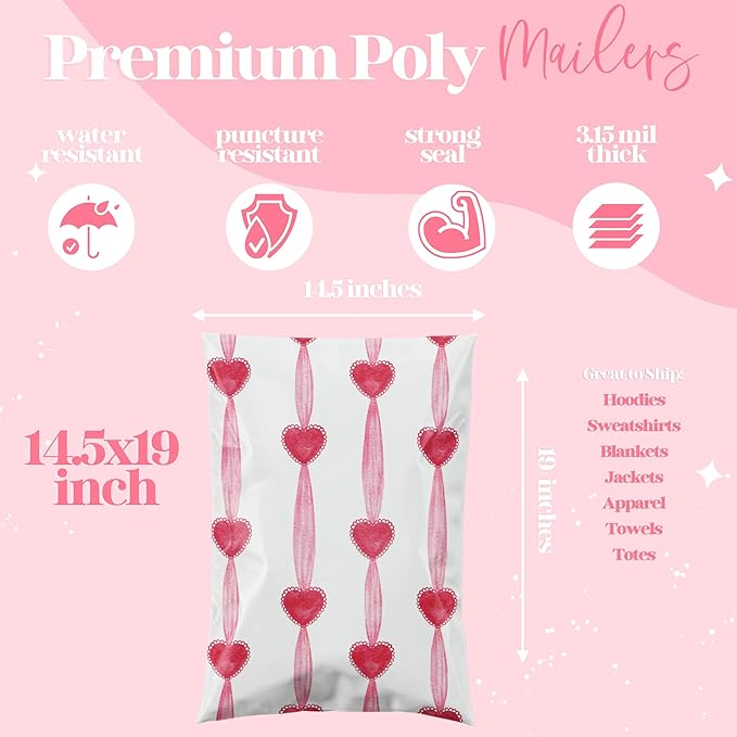 14.5x19 Designer Poly Mailer 100 Pack Heavy Duty Waterproof Self Seal Shipping Bags for Small Business Large Mailing Envelopes Bulk Tear Resistant Packaging Valentine Heart