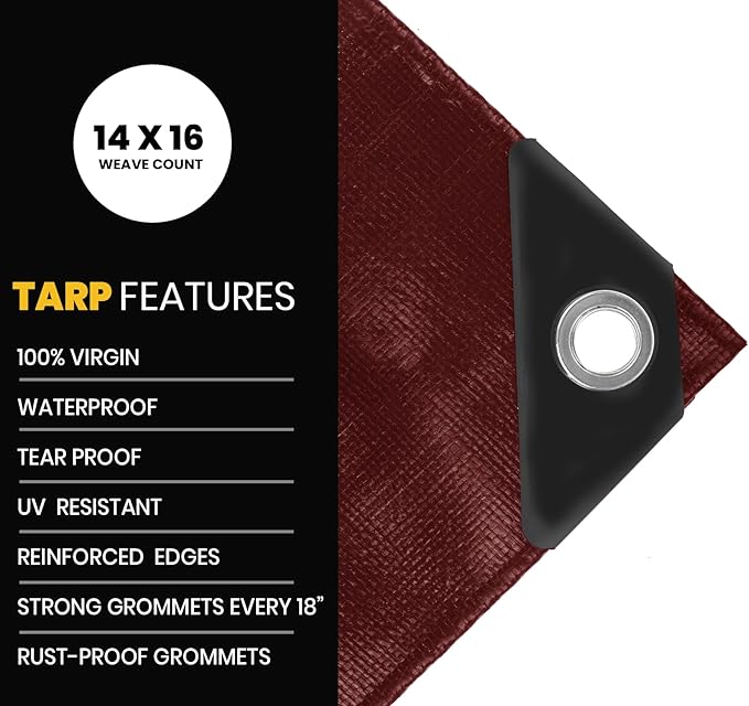 PROTARP Extra Heavy Duty 16 Mil Tarp Cover, Waterproof, UV Resistant, Rip and Tear Proof, Poly Tarpaulin with Reinforced Edges for Roof, Camping, Patio, Pool, Boat. (Maroon/Black 24′ X 64′)