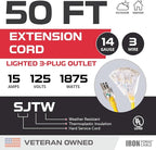 Iron Forge Cable 50ft Yellow Outdoor Extension Cord with 3 Outlets - 14/3 SJTW 15 Amp 50ft Extension Cord 3 Prong - Multiple Outlets with Lighted End