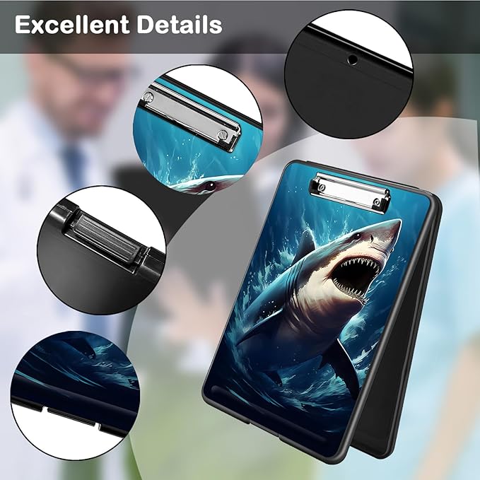 Clipboard with Storage,Office Supplies Nursing Clipboards Folder with Pen Holder Plastic Foldable Clip Board with Storage for Nurse Teacher,Shark in Sea