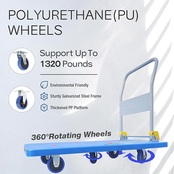 Doppy Flatbed Cart, 1320lbs Heavy Duty Capacity Platform Hand Truck 360 Degree Swivel Wheels Foldable Push Hand Cart for Loading and Storage, Warehouse (Blue)