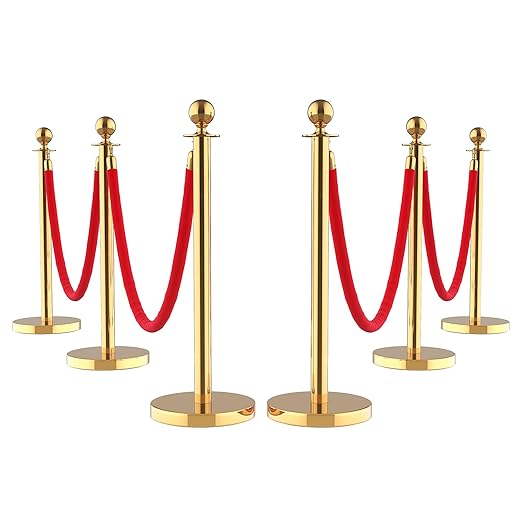 6Pcs Stainless Steel Stanchion Posts with 5ft Red Velvet Ropes - Crowd Control Barriers & Queue Line Kit with 26ft Red Carpet for Wedding, Party, Theater Supplies
