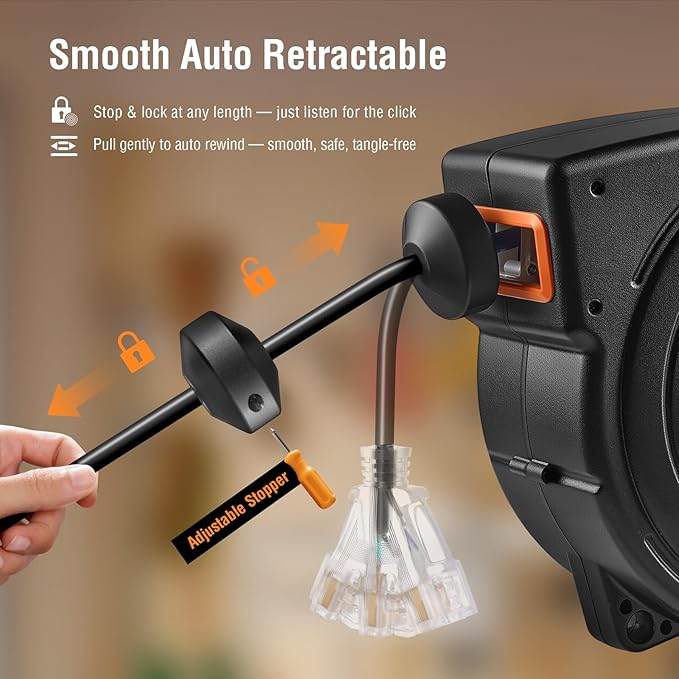SURAIELEC 12 Gauge Extension Cord Reel, 45 FT Retractable Extension Cord, 12 AWG/3C SJTOW Heavy Duty Power Cord, 15 AMP Circuit Breaker, Lighted Triple Tap, Ceiling or Wall Mount, ETL Listed, Orange