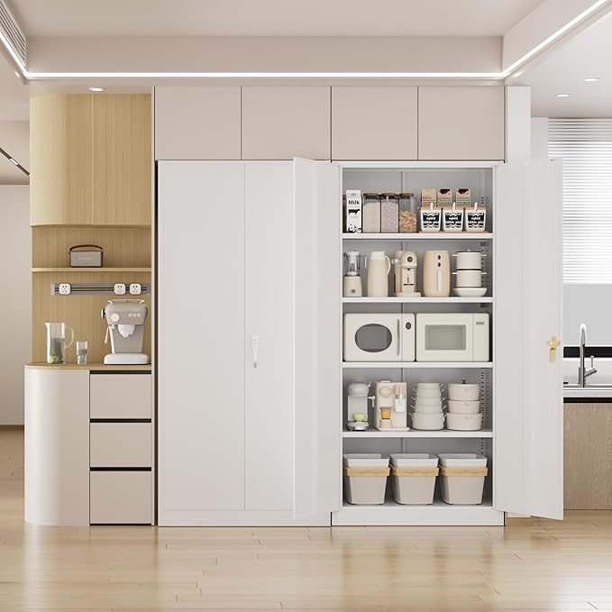 Pataku Metal Storage Cabinet, 72" Garage Cabinet with Doors and Shelves Lockable Steel Multifunctional Cabinets, White File Cabinets for Home, Office, Warehouse
