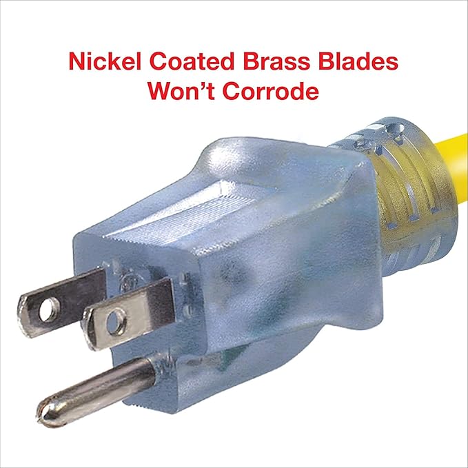 Clear Power 50 ft Heavy Duty Outdoor Extension Cord 14/3 SJTW with Lighted Locking Connector, Yellow, Water & Weather Resistant, Flame Retardant, 3 Prong Grounded Plug, DCOC-0130-DC