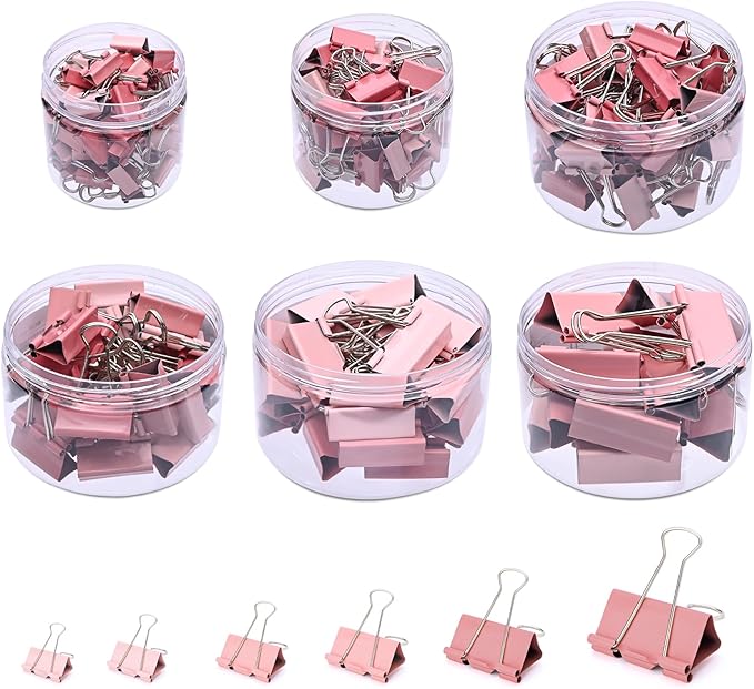 Temiary 208 Pcs Metal Binder Clips, Assorted Sizes Extra Large, Large, Medium, Small, Mini, Micro Binder Paperwork Clip, Morandi Colored Paper Clamps Bulk for Office, Home, School (Pink)