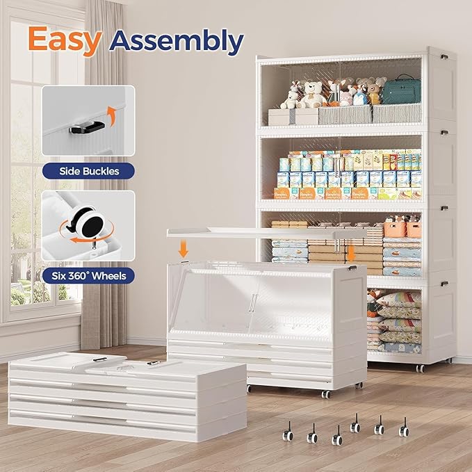 200Gal Extra Large Stackable Storage Bins with Lid, 800Qt Collapsible Storage Box with Wheels, Closet Organizers and Storage Cabinet Container for Home, Kitchen, Office, 4Pack White Clear