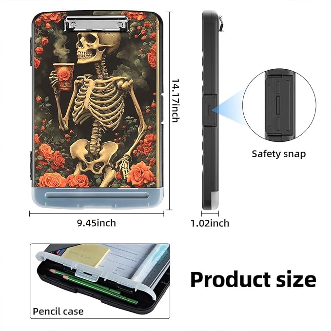 Clipboard with Storage Box & Pen Holder,Heavy Duty Clip Boards 8.5x11 for Nursing,High Capacity,School & Office Supplies,Skeleton Roses Tea