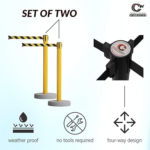 Crowd Control Warehouse CCW Set of 2 Retractable Belt Barrier Stanchion, Water Fillable Base MSH630 (11 Foot Belt, Red"This LINE is Closed" White Letters with Black PVC Plastic Post)