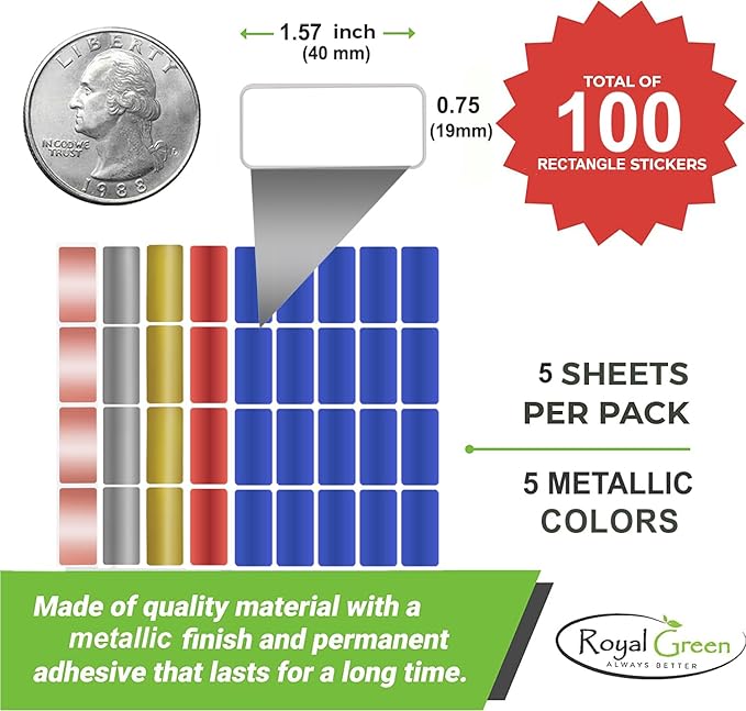 Metallic Stickers 1.57 inch x 0.75 inch Small Color-Coding Labels in 5 Metallic Colors Tags (40mm x 19) - 100 Pack by Royal Green