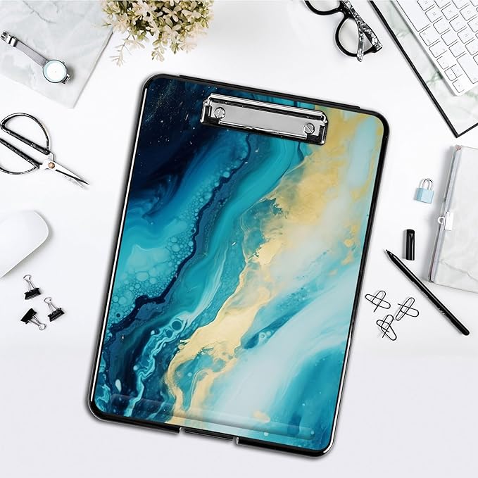 Clipboard with Storage,Office Supplies Nursing Clipboards Folder with Pen Holder Plastic Foldable Clip Board with Storage for Nurse Teacher,Blue Marble