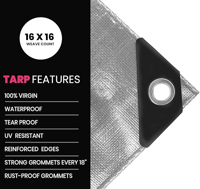 PROTARP Extreme Heavy Duty 22 Mil Tarp Cover, Waterproof, UV Resistant, Rip and Tear Proof, Poly Tarpaulin with Reinforced Edges for Roof, Camping, Patio, Pool, Boat. (Silver/Black 12′ X 25′)