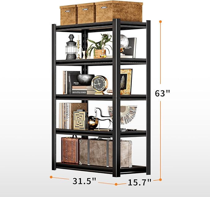 5 Tier Garage Shelving Storage Shelves 2000LBS Heavy Duty Metal Shelving Units 63"H Adjustable Industrial Utility Shelves Rack for Warehouse Garage Basement Living Room (15.7"D×31.5"W×63"H)