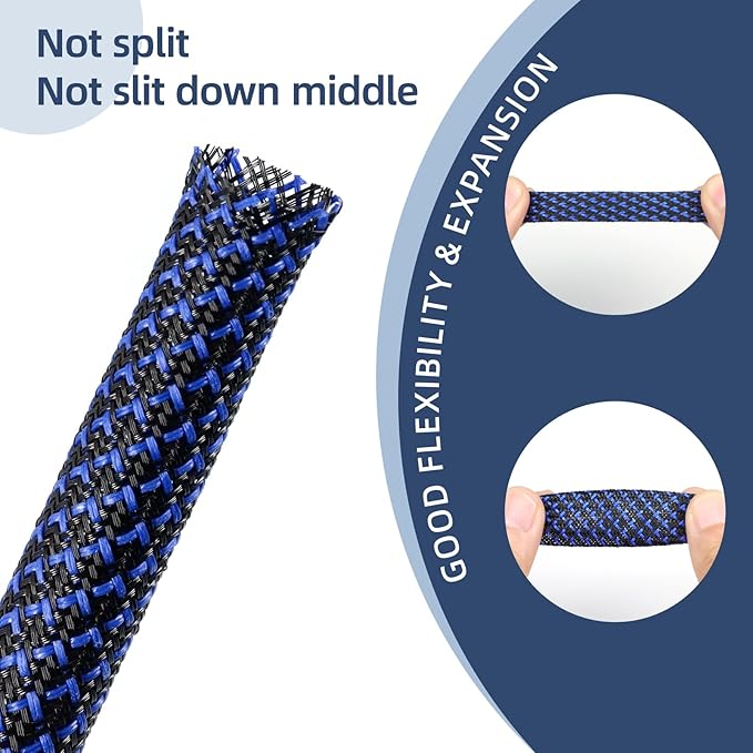 Braided Cable Sleeving, PET Expandable Braided Cable Sleeve, Flexible Mesh Sleeving Cord Management for Audio Video and Other Home Device, Cord Protector from Pets (Black Blue-2, 1/8")