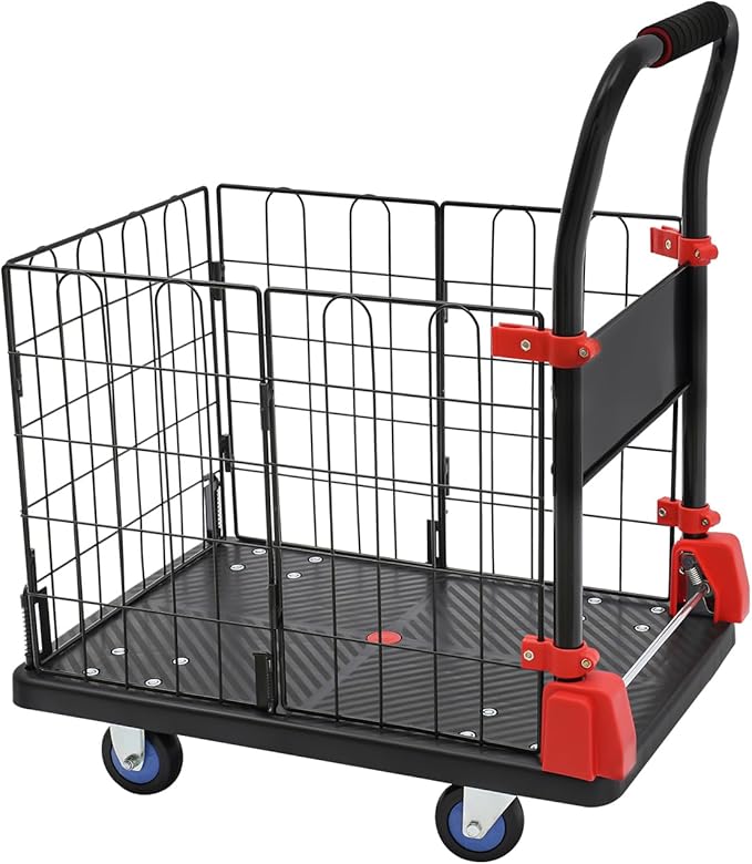 2 in 1 Platform Truck Cart, 330lbs Capacity Hand Moving Cart 28.35 x 18.9 in Foldable Dolly with Cage & Swivel Wheels for Warehouse Shopping Groceries Moving