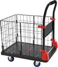 2 in 1 Platform Truck Cart, 330lbs Capacity Hand Moving Cart 28.35 x 18.9 in Foldable Dolly with Cage & Swivel Wheels for Warehouse Shopping Groceries Moving
