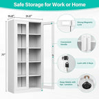Metal Storage Cabinet with Lock and Glass Doors,71" Tall Glass Display Cabinet,White Storage Cabinets,Locking Curio Cabinets with 5 Shelves for Collectibles,Home,Office,Living Room