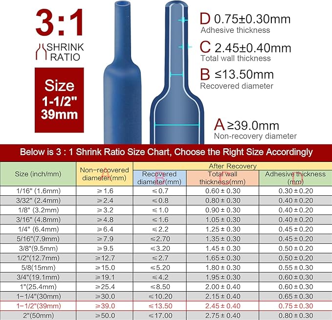 Chanzon 3:1 Ratio - 80ft Roll - Heat Shrink Tubing 1-1/2" (39mm) - Marine Grade Waterproof Adhesive Lined - (25M Total Length) Blue Polyolefin Sleeving Wrap Shrinking 3 to 1 Ratio 1pcs