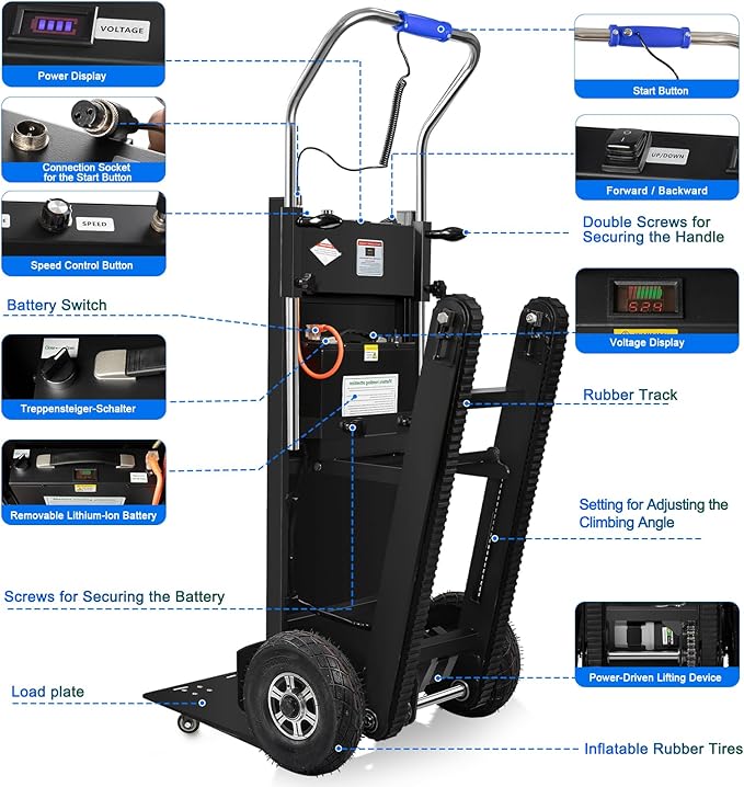 Electric Stair Climbing Hand Trucks Dolly Cart, 900lb Capacity Heavy Duty Stair Climber with Ropes, Carry Heavy Objects Up and Down Stairs Effortless for Furniture Logistics Warehouse, 1250W Motor