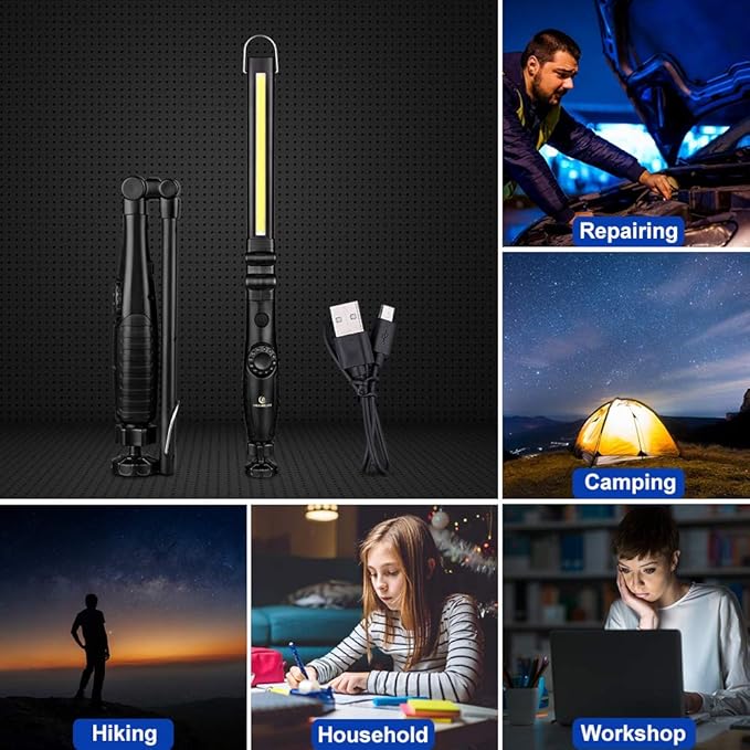 ORHOMELIFE Rechargeable LED Work Light - 750 Lumens Foldable LED Flashlight Handheld Cordless Work Light with Magnetic Base, 360°Rotate, Power Indicator for Car Repair, Garage, Household, Outdoor