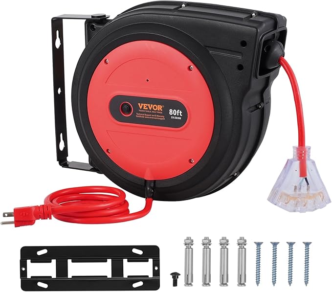 VEVOR 80FT Retractable Extension Cord Reel, 12AWG/3C SJTOW Heavy Duty Power Cord w/Lighted Electrical Triple Tap Outlets, 15A Circuit Breaker,180° Swivel Bracket for Workshop or Garage, Red