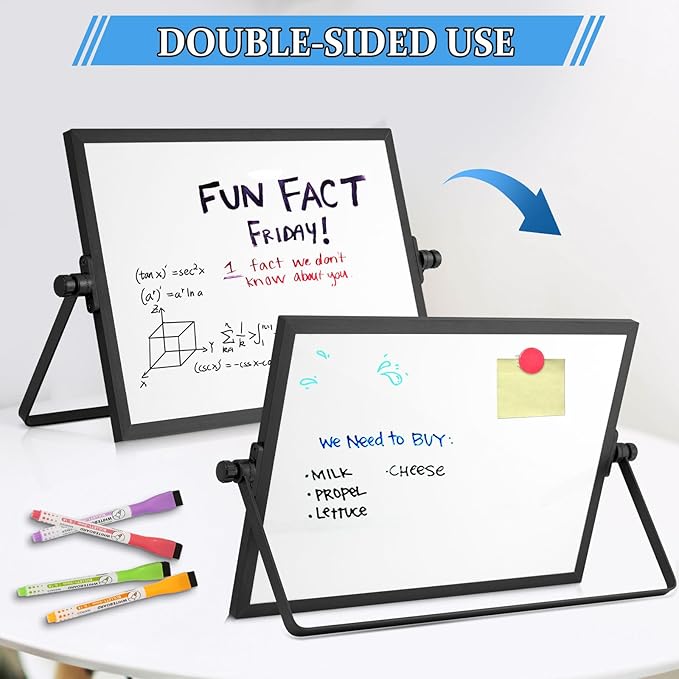 Dry Erase Magnetic White Board, 8" x 12" Black Aluminum Frame Double-Sided Desktop Whiteboard with Stand, Portable Small Whiteboard Set for Drawing, Office, Home, School