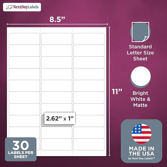 NextDayLabels - 2.5/8" x 1" Rectangular Sticker Labels for Printer - White Laser/Inkjet Printer Labels Return Address Labels Shipping Label Stickers (500 Sheets, 30 Per Sheet, 15000 Labels)