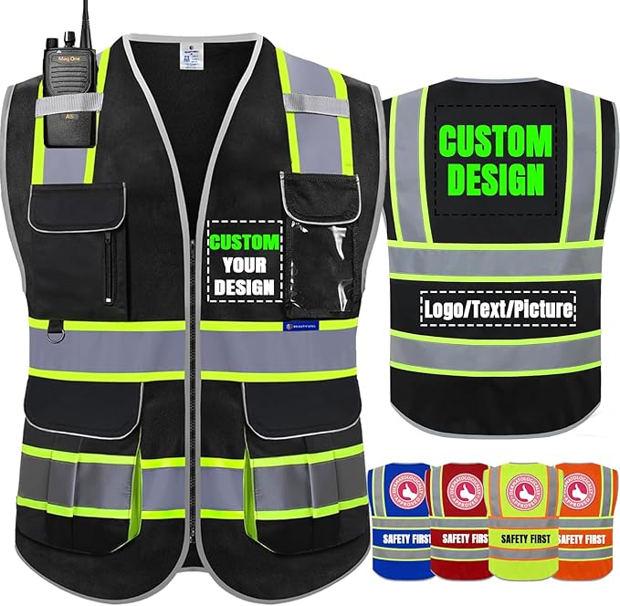 BeautyWill Custom Logo 10 Pockets Safety Vest Class2 ANSI Certified High Visibility Reflective Vest