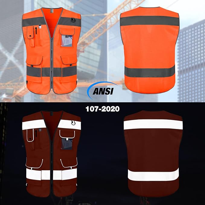TCCFCCT Safety Vest 9 Pockets High Visibility Reflective Safety Vest for Men Women, Hi Vis Work Vest with Reinforced Sewing, Durable to Use, Meets ANSI/ISEA Standards, (Orange, 3X-Large)