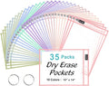 SUNEE 35 Packs Oversized Reusable Dry Erase Pocket Sleeves with 2 Rings, 10 Morandi Colors 10x14 Ticket Holders, Clear Plastic Sheet Protectors, Teacher School Classroom Supplies