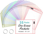 SUNEE 35 Packs Oversized Reusable Dry Erase Pocket Sleeves with 2 Rings, 10 Morandi Colors 10x14 Ticket Holders, Clear Plastic Sheet Protectors, Teacher School Classroom Supplies