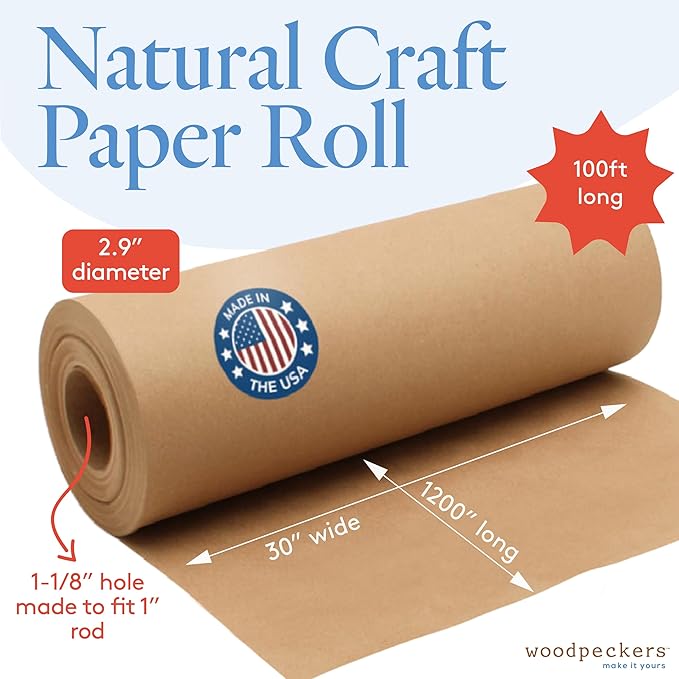 Woodpeckers Brown Kraft Paper Roll 30 inch Wide, 1200 inch Long, 1 Roll, Jumbo Roll for Eco Friendly Christmas Gift Wrapping Paper and Packing Paper