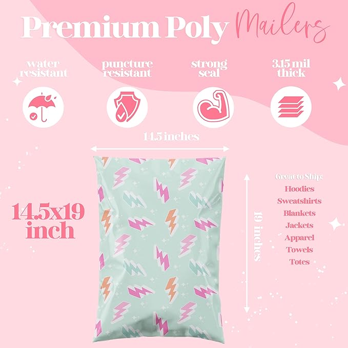 10x13 Designer Poly Mailer 100 Pack Heavy Duty Waterproof Self Seal Shipping Bags for Small Business Large Mailing Envelopes Bulk Tear Resistant Cute Packaging Lightning Bolt
