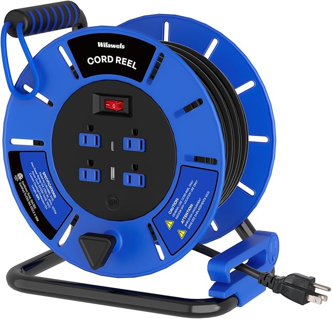 60 FT Retractable Extension Cord Reel, 14AWG Heavy Duty Power Cord with 4 Grounded Outlets, USB-A & USB-C Ports, 13A 1625W, Portable Hand Crank for Indoor Outdoor Use, ETL Listed U60ACR06