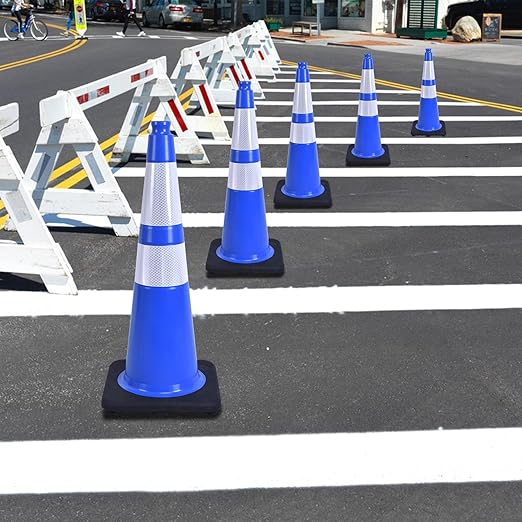 6 Pack 28 Inch Blue Reflective Traffic Cones, Durable Black Base Cones for Parking Management, Construction Sites and Outdoor Events (6, Blue, 28 Inch)