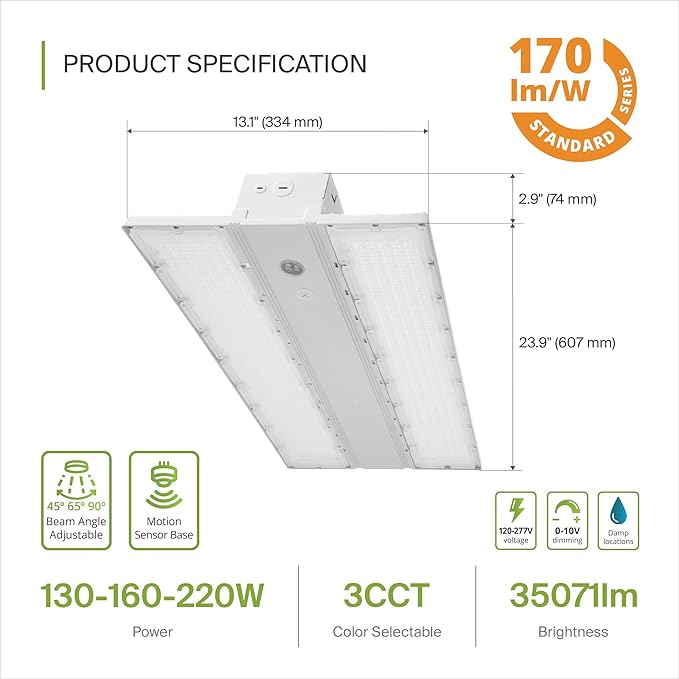 ASD LED Linear High Bay Light Fixture, Commercial Shop Lighting | 3CCT, Dimmable, Angle Adjustable, DLC Premium, UL Listed | 220W 36000LM 3500-5000K 100-277V | Warehouse, Garage, Workshop Lamp | White