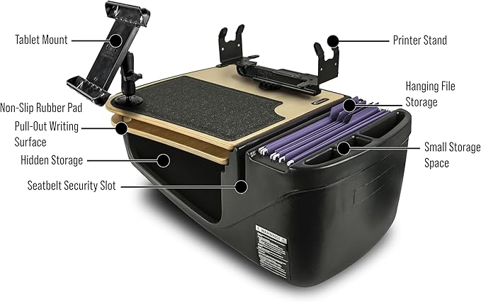 AutoExec AE-GMCD-PS-TAB-11M GripMaster Car Desk for Your Vehicle Workstation and Mobile Office, Natural with Printer Stand and Tablet Mount
