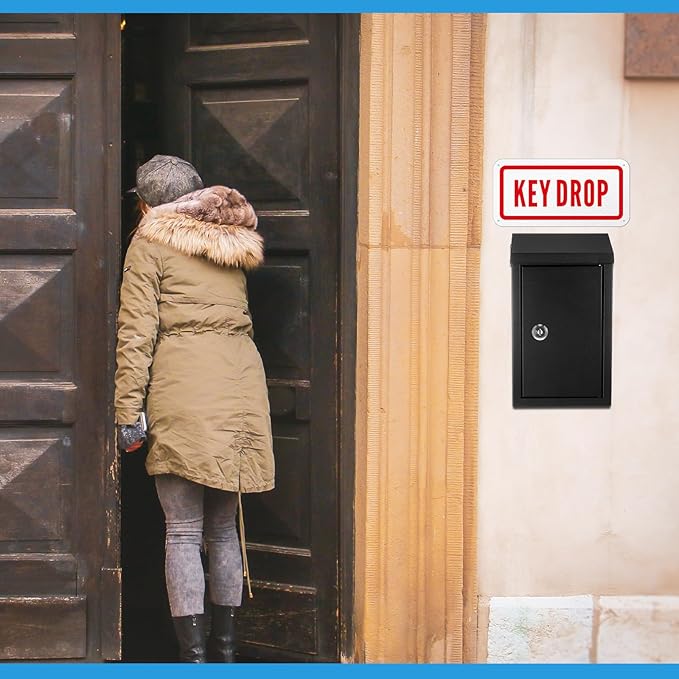 Metal Mount Wall Donation Box Key Lock Money Cash Drop Box with Top Slot and 2 Pcs Reflective Sign 10 x 5.5 x 3 Inch Safe Lock Mailbox with 2 Keys for Outside Office Business Home(Black)