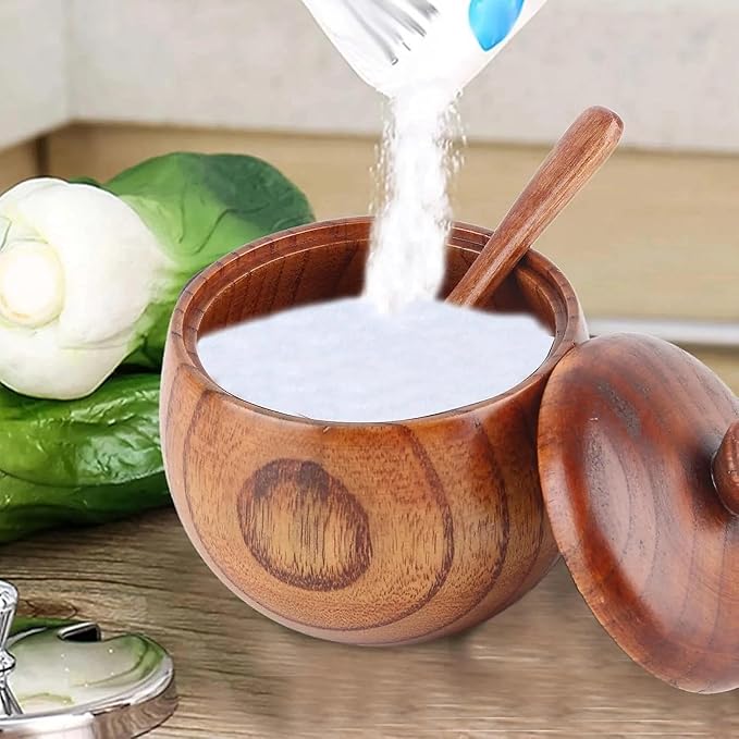 Wooden Salt Container with Lid and Spoon, Salt Cellar for Kitchen Countertop, Wood Spice Jar Keeper, Small Seasoning Box for Sugar or Pepper
