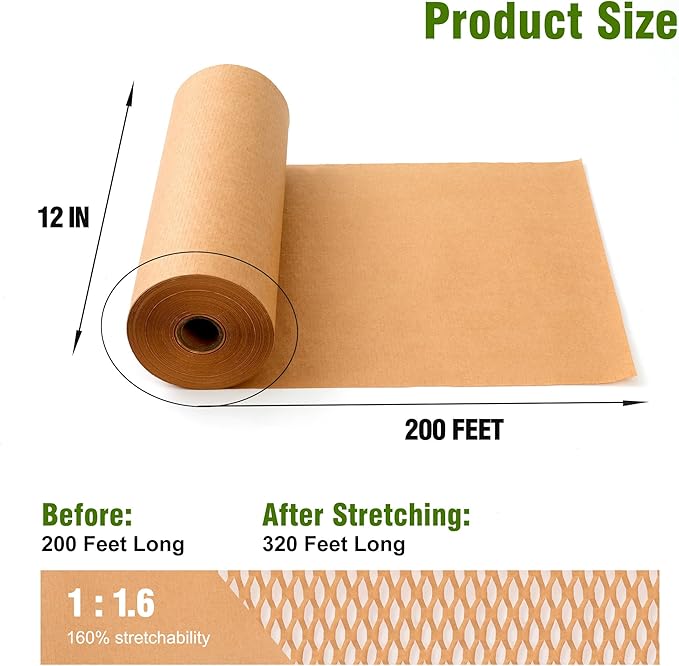 Honeycomb Packing Paper 12" X 200 FT Packing Material for Moving Glass Dishes Wrapping Paper Bubble Wrap for Shipping Fragile Items Shipping Filler with 20 Fragile Stickers
