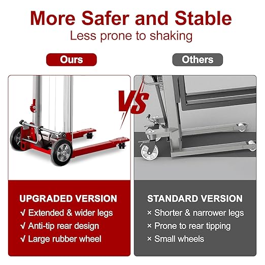 122" Material Lift Winch Stacker, 400 lbs Capacity Manual Material Lifts, Fixed Straddle Material Lifter, Hand Winch Lift Trucks for Warehouse, Factory, Lightweight, 34.60" L x 24.80" W, Red