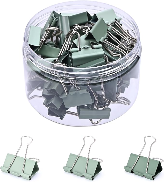 Temiary Aesthetic Binder Clips, 48 Pcs 0.98 Inches Small Metal Binder Clip with Clear Storage Container, Binding Paperwork Clamps for School Teachers Office Supplies (Green)
