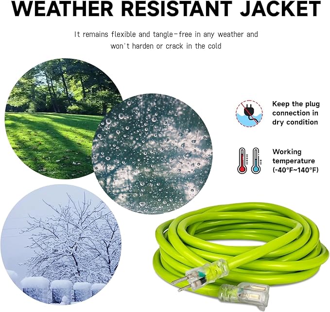 EP 25 Ft Lighted Outdoor Extension Cord - 10/3 SJTW Heavy Duty Green Extension Cable with 3 Prong Grounded Plug for Safety, UL Listed