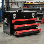 3 Drawers Metal Tool Box, 19" Heavy Duty Steel Tool Chest w/Key Lock & Handle, Multi-Function Top Storage Tray Toolbox w/Powder Coating & Ball Bearing Slides for Garage & Workshop(Black+Red)