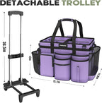 Rolling Cleaning Caddy Bag with Detachable Trolley, Cleaning Supplies Organizer Cart on Wheels, Cleaning Supply Caddy for Housekeepers (Purple, 11.5" Dx15.7 Wx13 H)